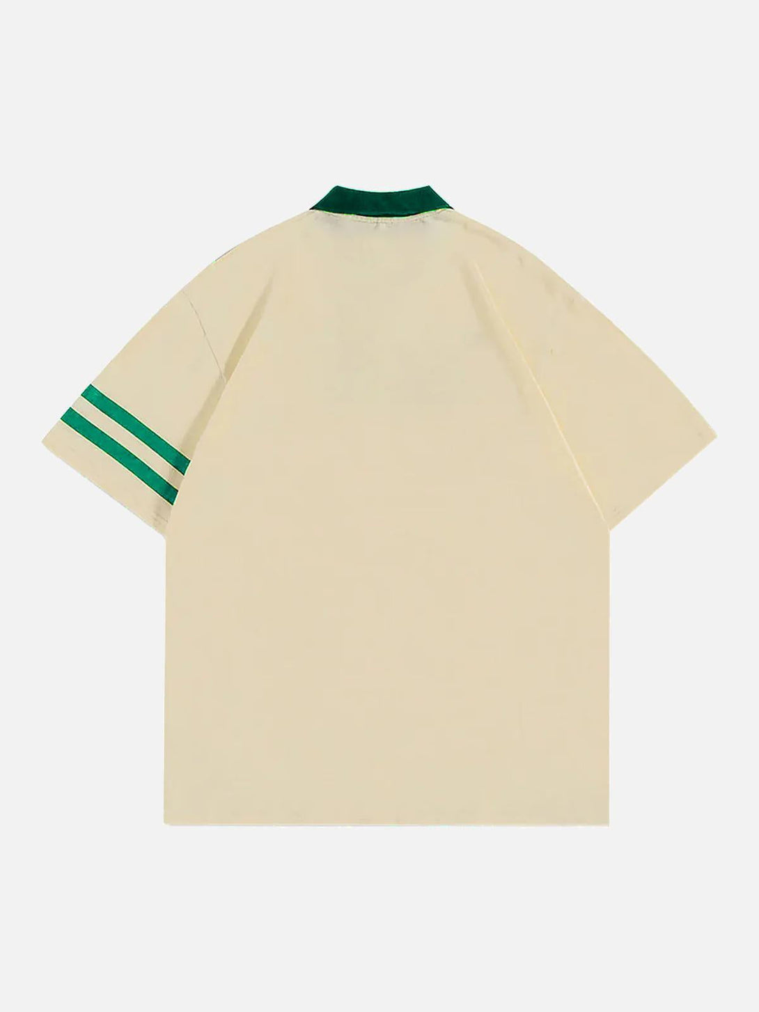 Back view of a beige polo shirt with green collar and sleeve stripes by TALISHKO.