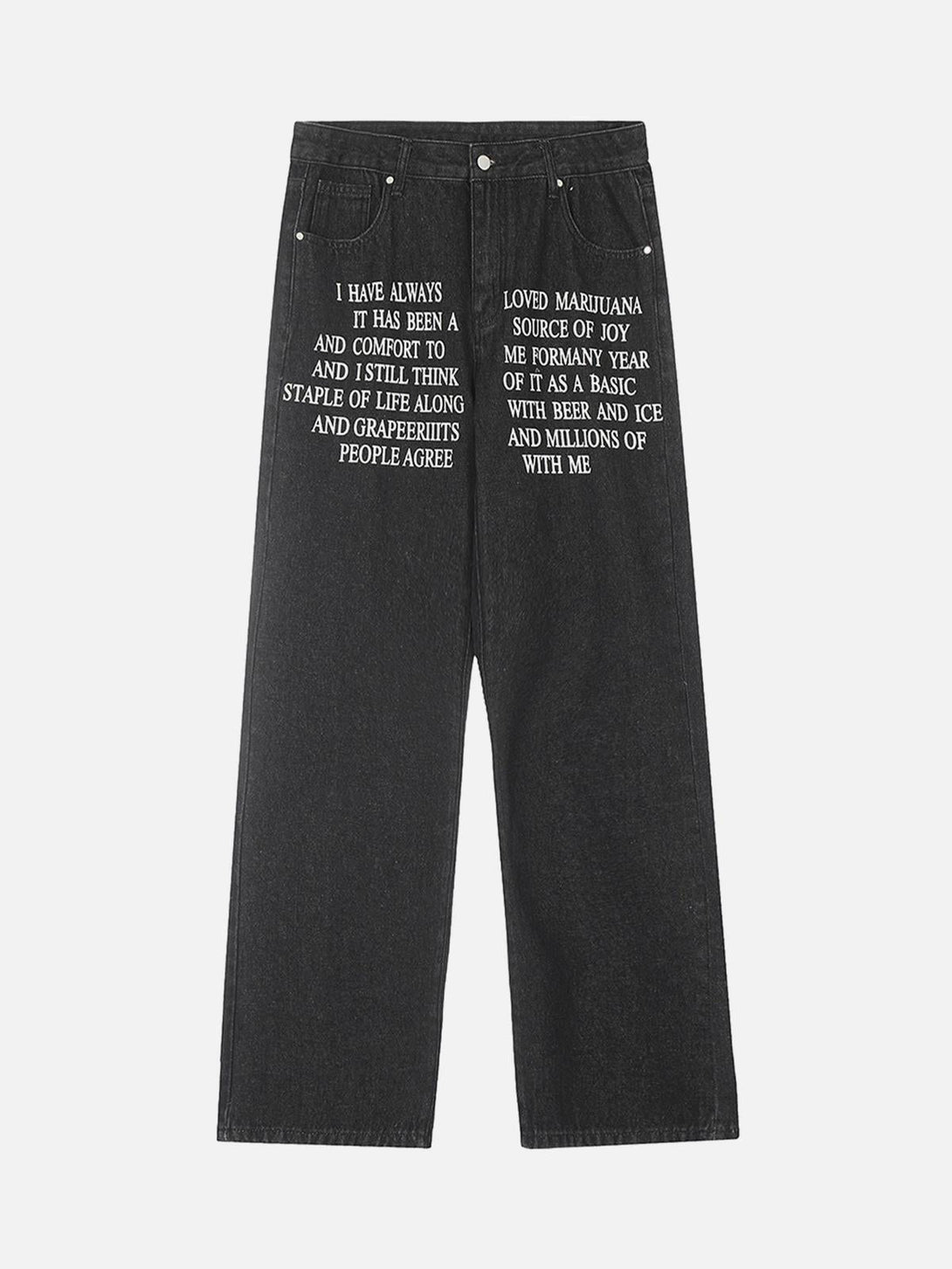 Front view of TALISHKO hip-hop jeans with bold letter embroidery on a washed black fabric.