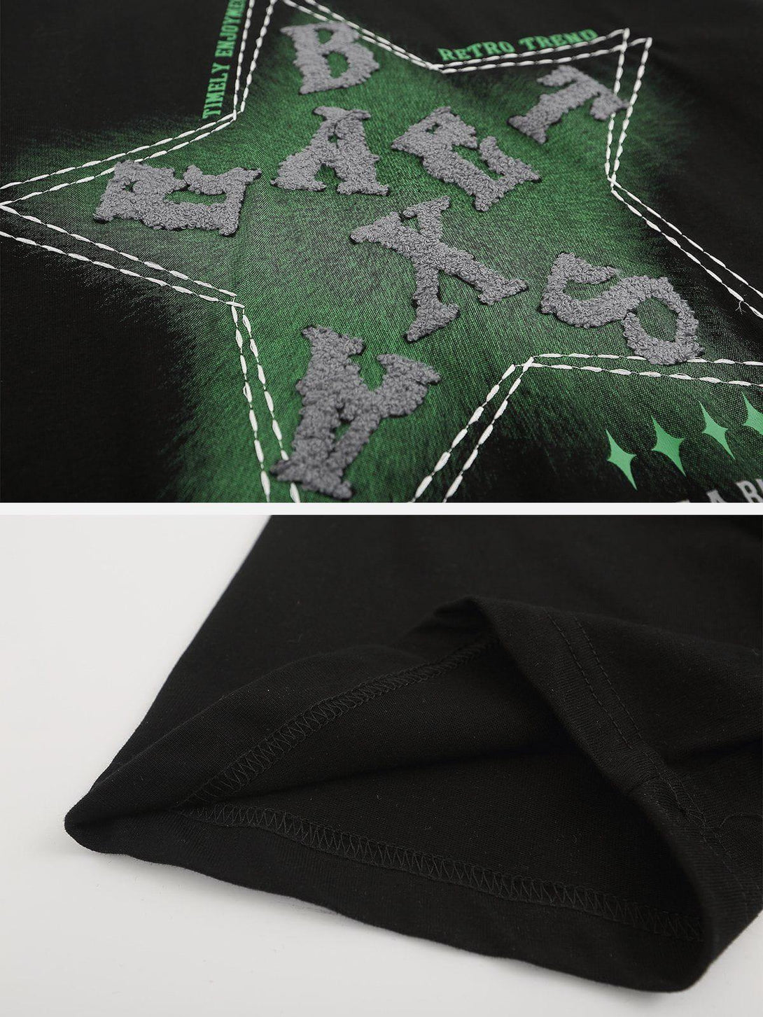Detailed view of TALISHKO tee's green star and letter embroidery on black fabric.