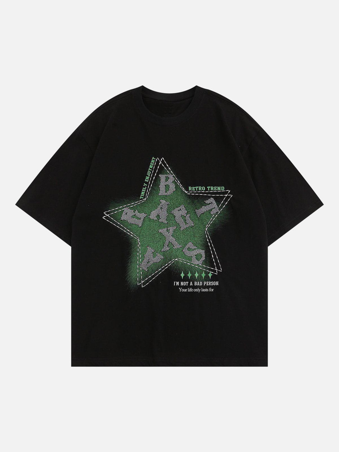 Black TALISHKO tee featuring a green star and letter design, perfect for casual summer wear.