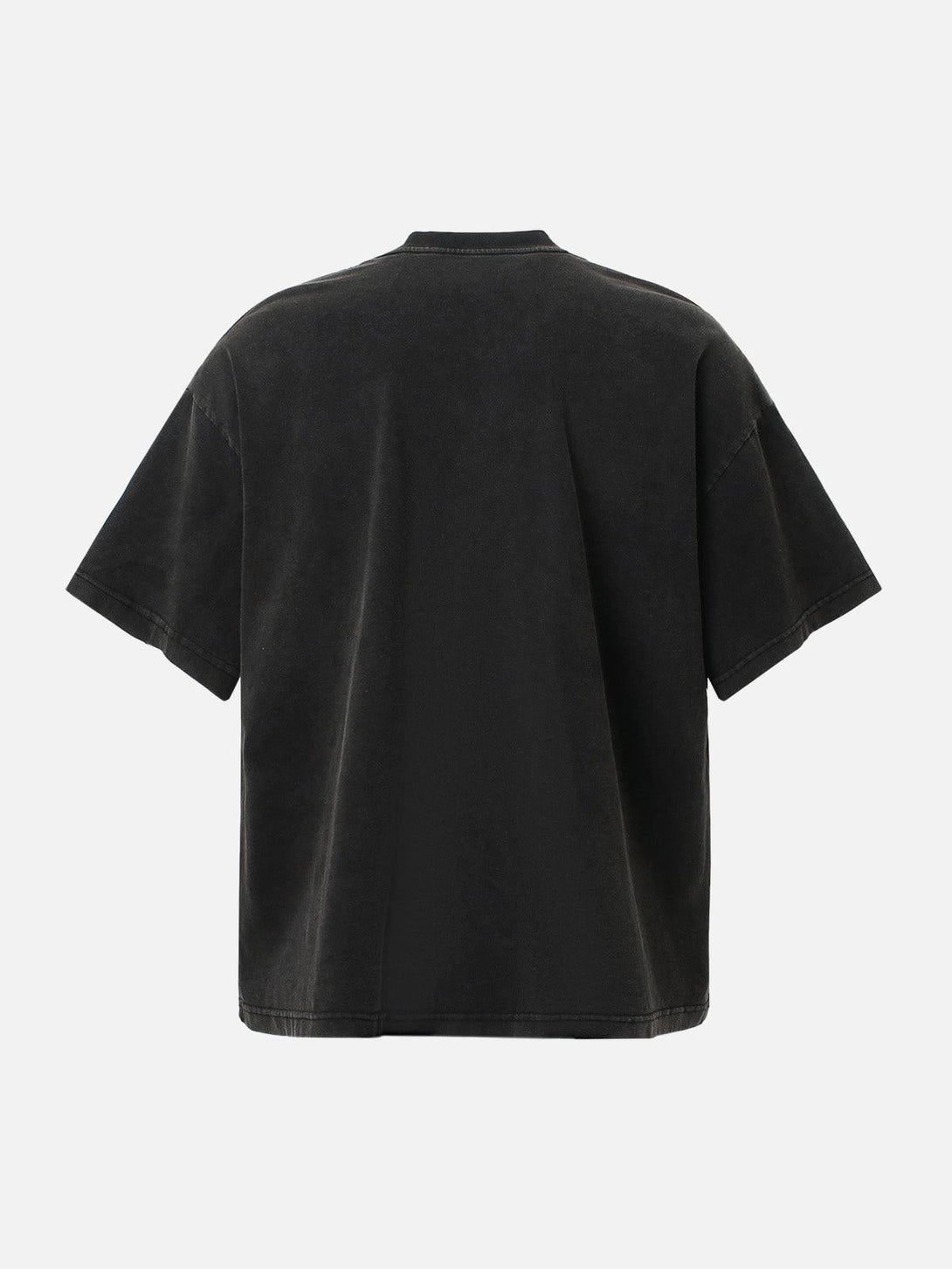 Back view of a black crew-neck T-shirt by TALISHKO, highlighting its relaxed silhouette.