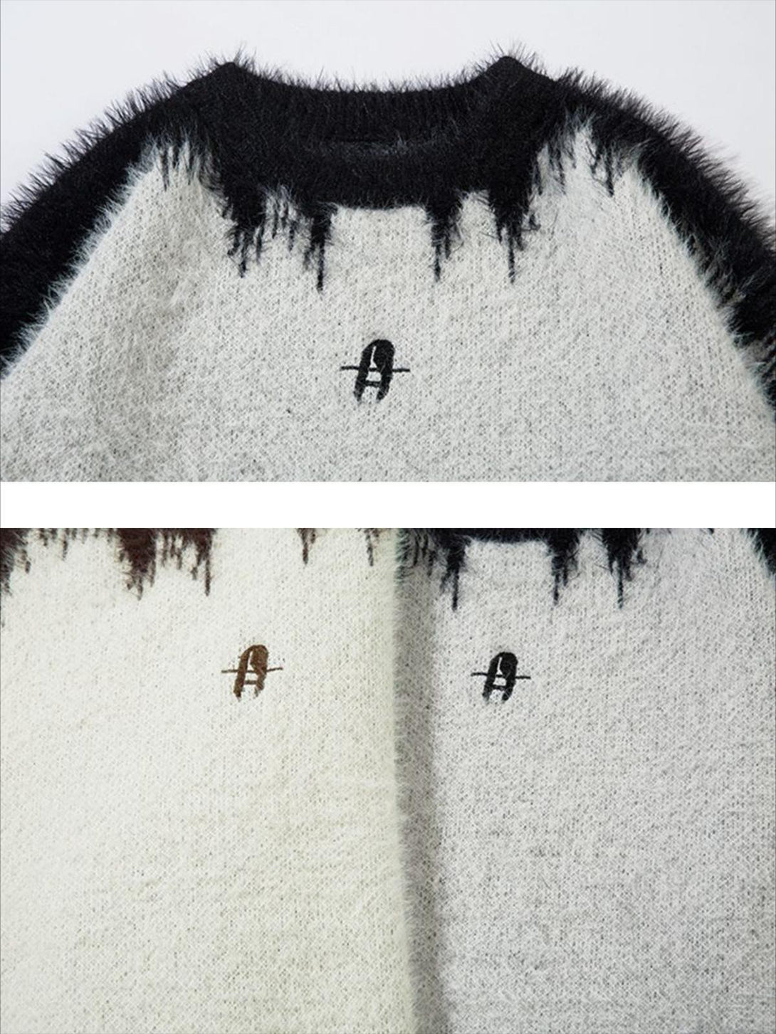 A close-up of the TALISHKO jacquard sweater, highlighting its unique black and gray pattern.
