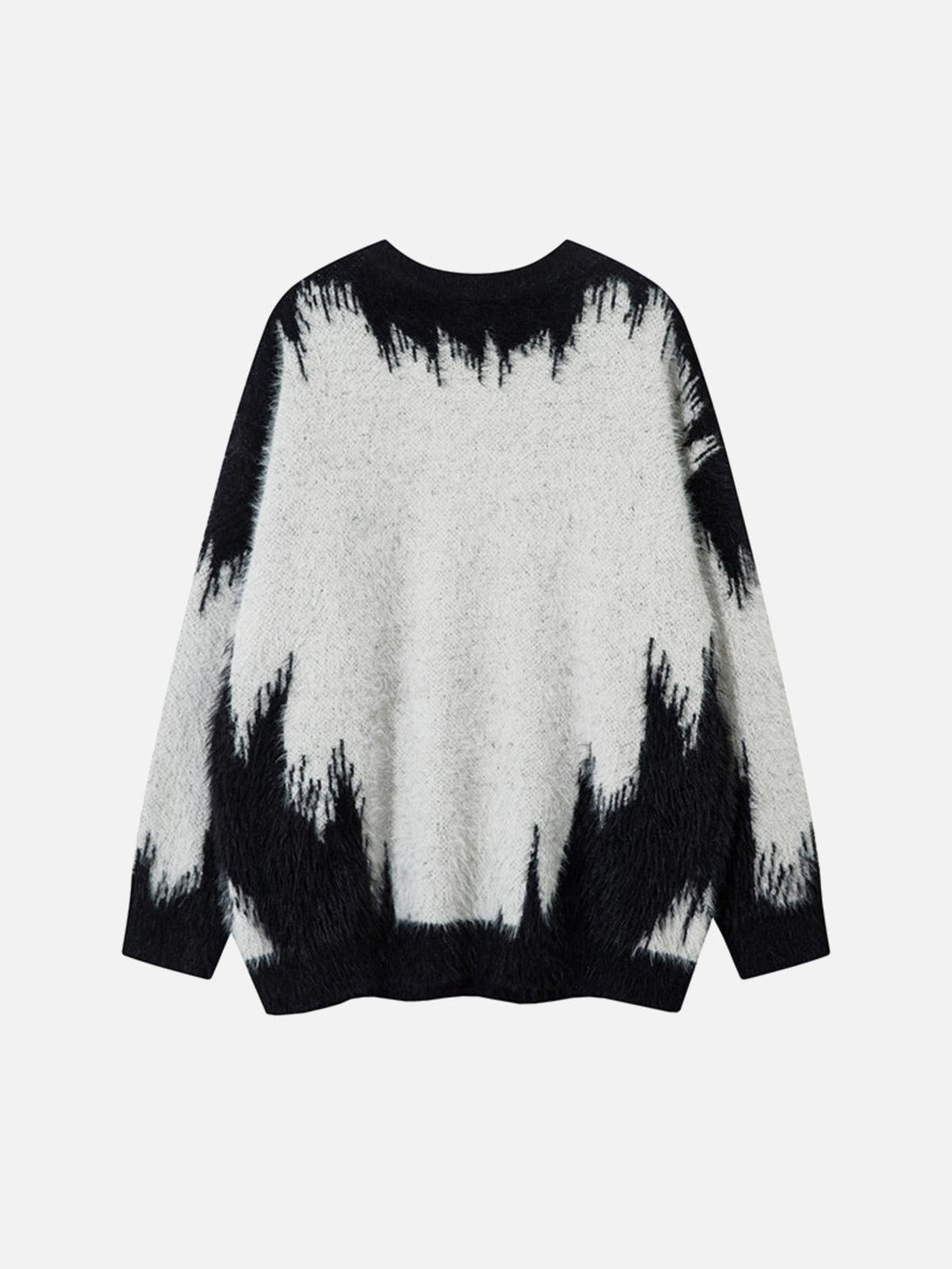 Back view of TALISHKO's jacquard sweater, featuring a striking black and gray pattern.