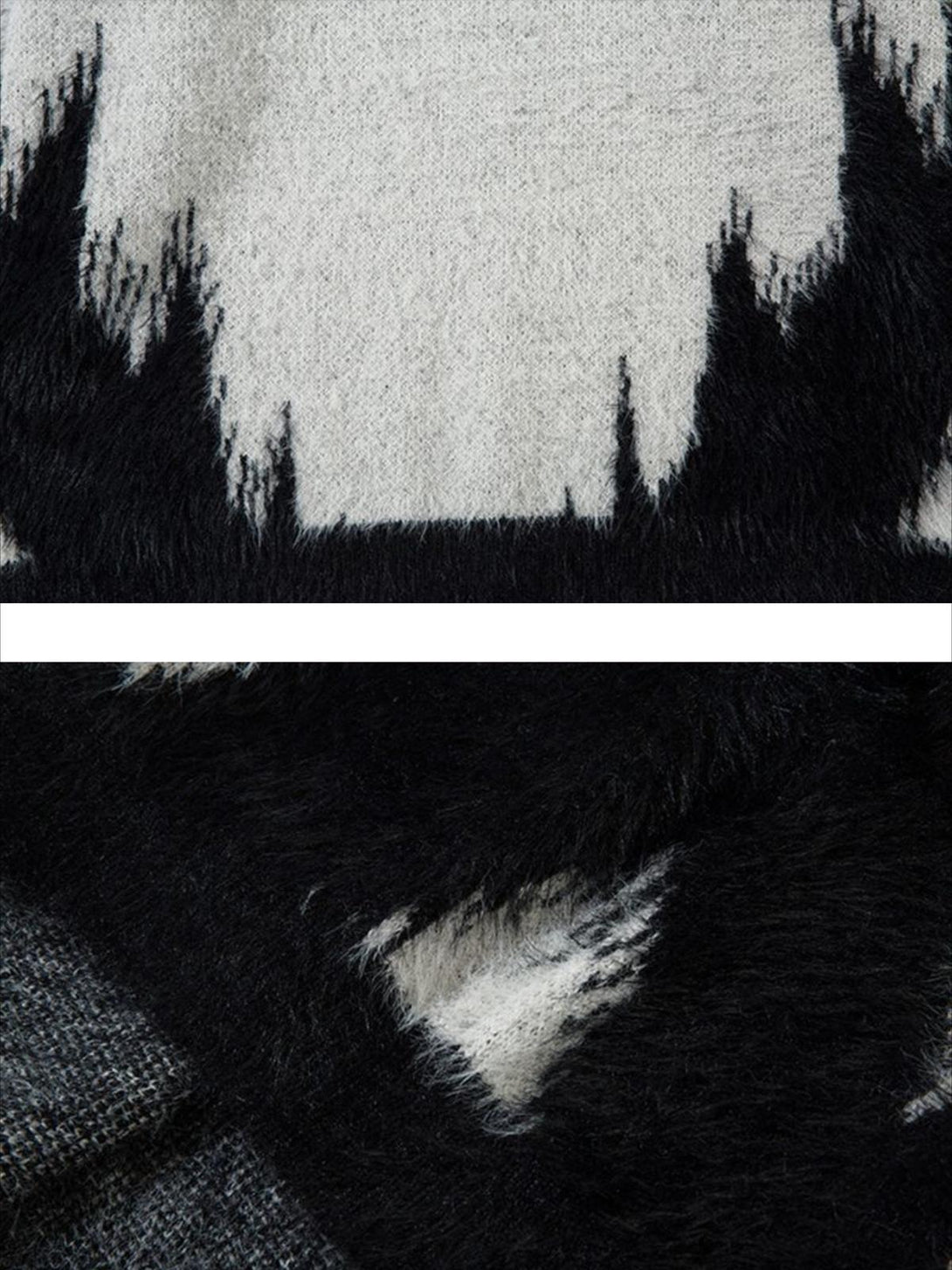 A detailed view of the TALISHKO sweater showcases its fuzzy black and gray jacquard texture.