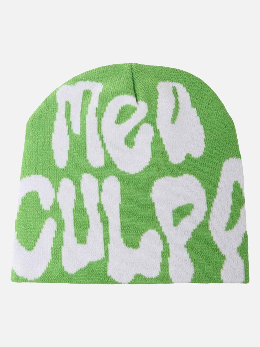 Green knit hat with "Mea Culpa" graphic in white, crafted by TALISHKO for a trendy look.