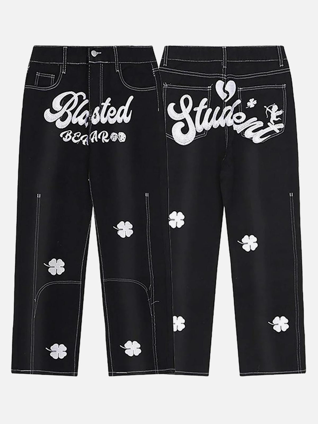 Front and back view of TALISHKO baggy jeans with white embroidery, featuring clover details.