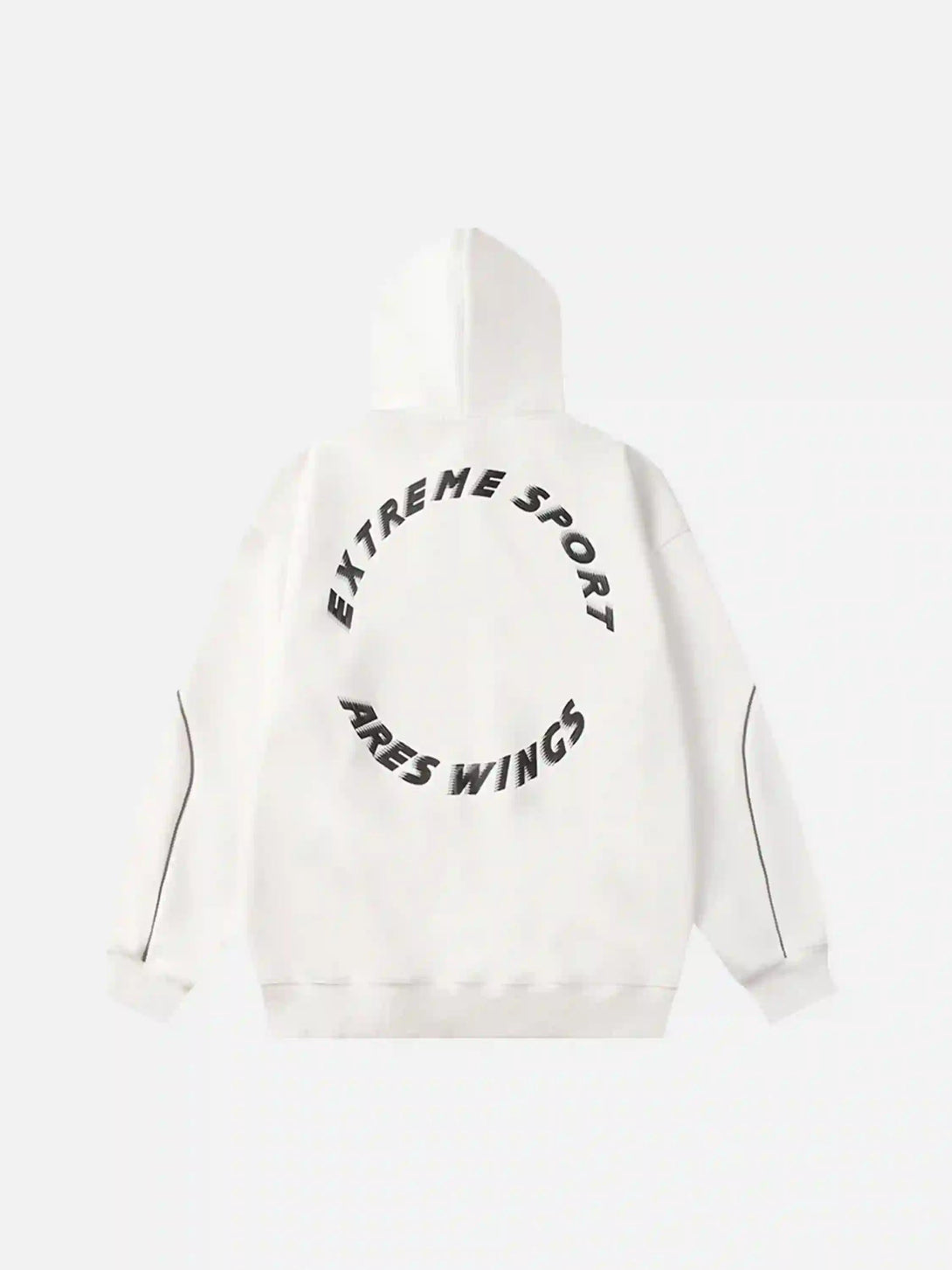 Back view of a TALISHKO white hoodie with "EXTREME SPORT ARES WINGS" letter print design.