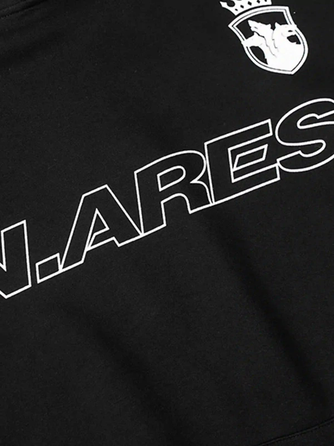 Intricate look at TALISHKO's black hoodie with bold letter print and line detailing.