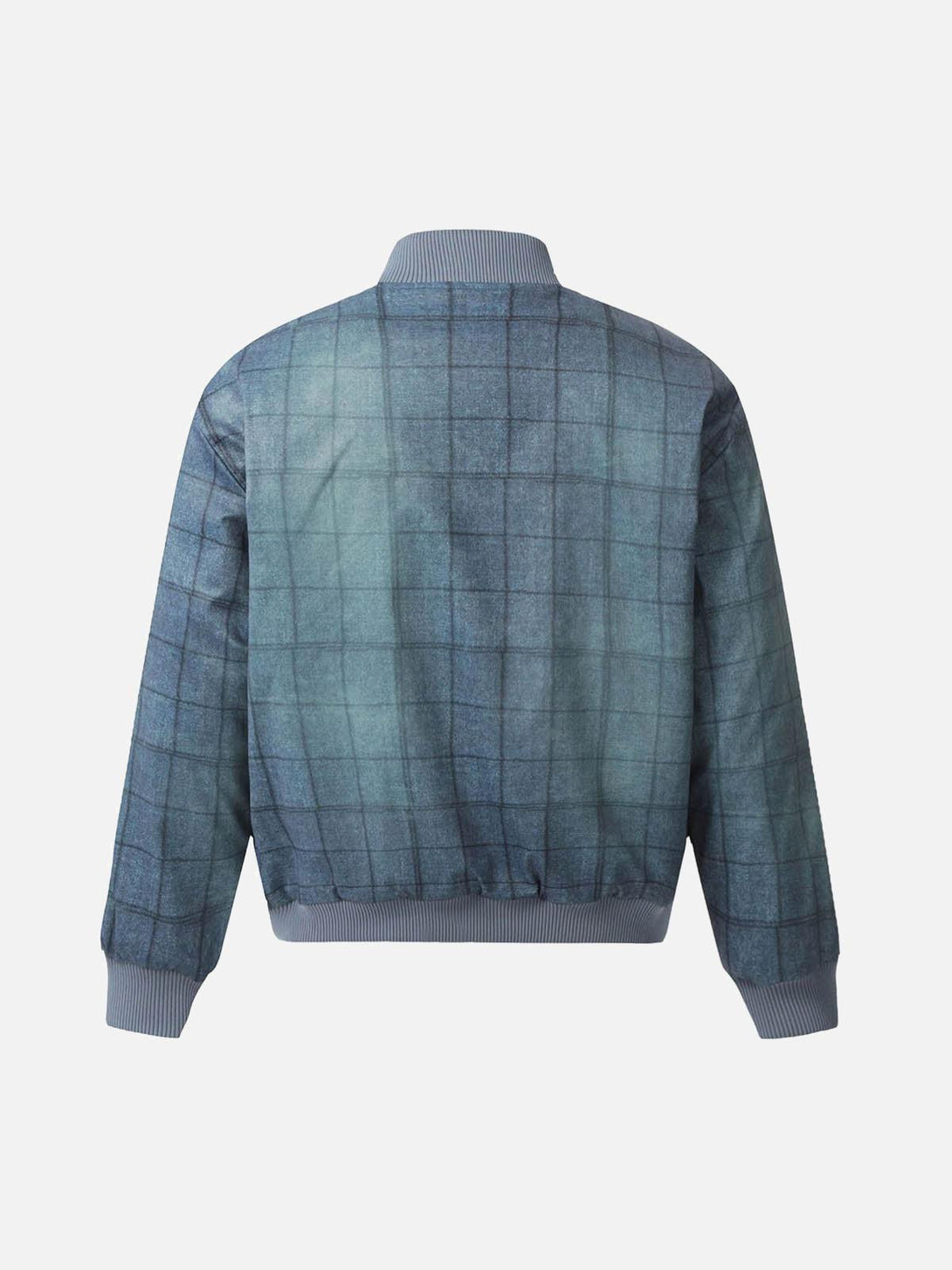 Back view of TALISHKO's quilted bomber jacket in a blue check pattern, showcasing its texture.