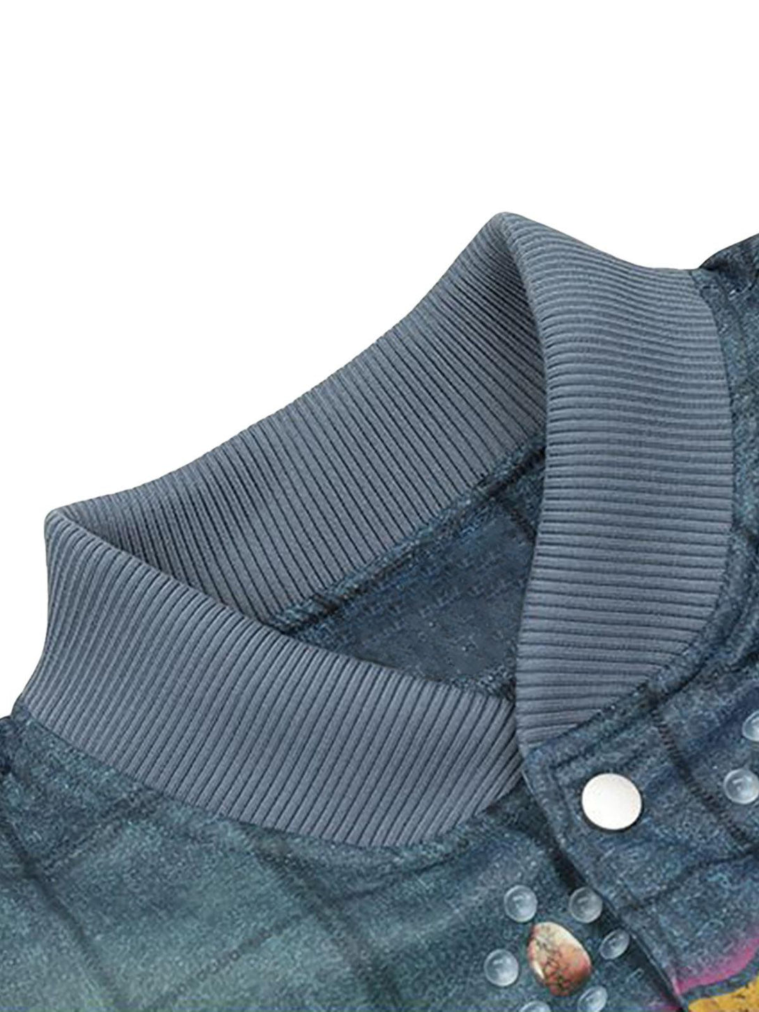 Ribbed collar detail of TALISHKO's quilted bomber jacket, highlighting its textured finish.