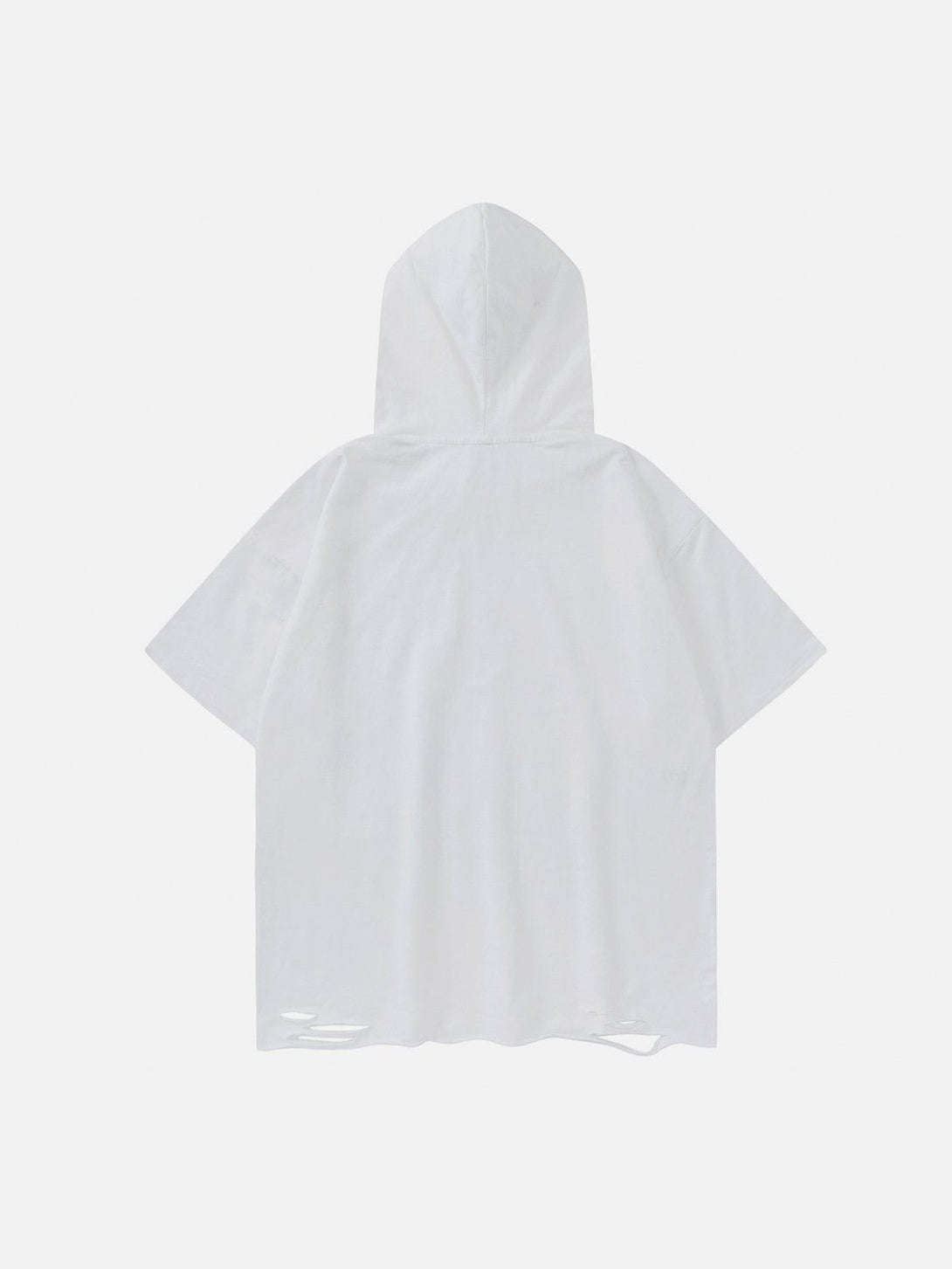 Back view of a white hooded tee by TALISHKO, showcasing a distressed hem and relaxed fit.