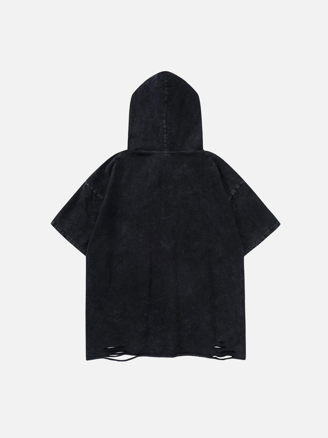 Back view of a black hooded tee by TALISHKO, featuring a distressed hem for casual summer vibes.