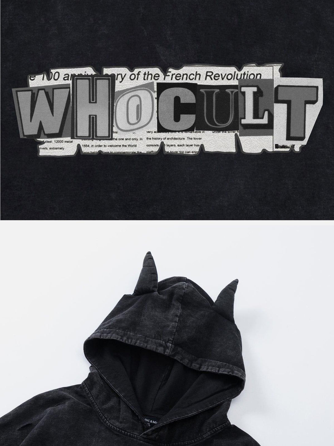 A detailed look at a black hooded tee by TALISHKO, featuring bold lettering and devil horn accents.