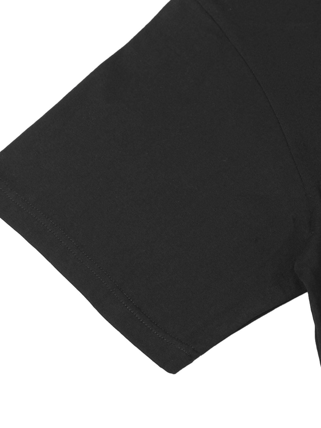 Detailed view of TALISHKO black T-shirt sleeve, showcasing quality stitching and fabric.