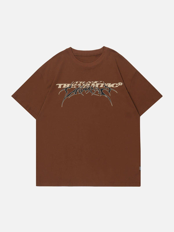 Brown oversized tee with graphic lettering, designed by TALISHKO for casual summer style.