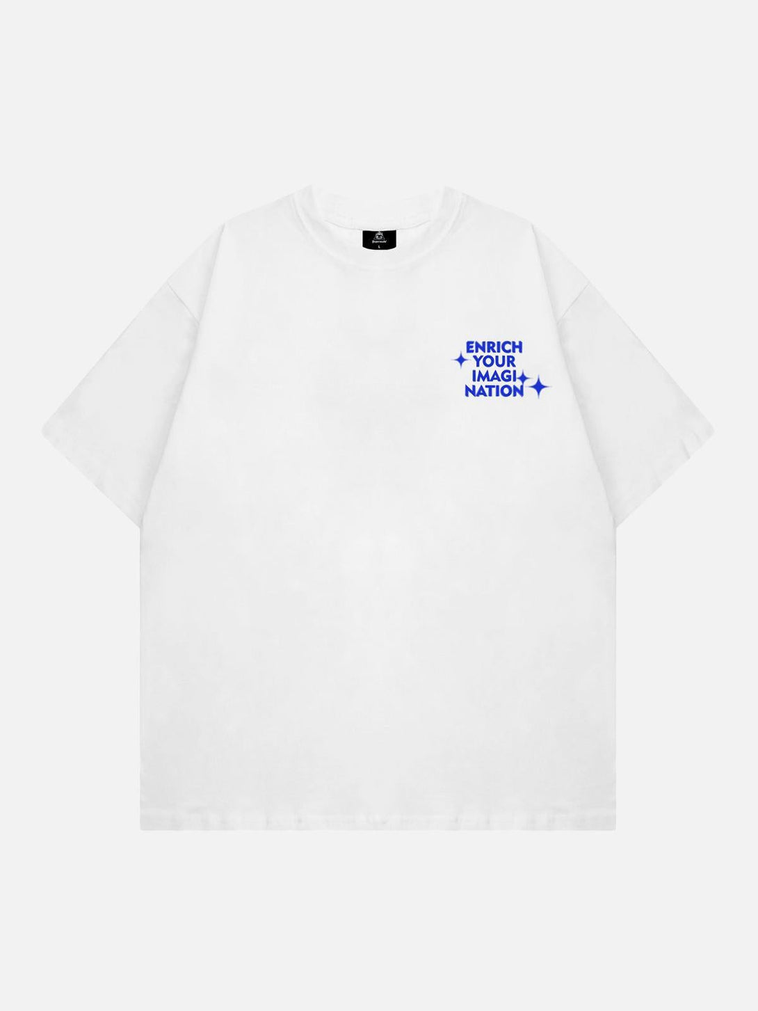 White TALISHKO t-shirt with bold blue lettering on front, capturing creative and casual vibes.
