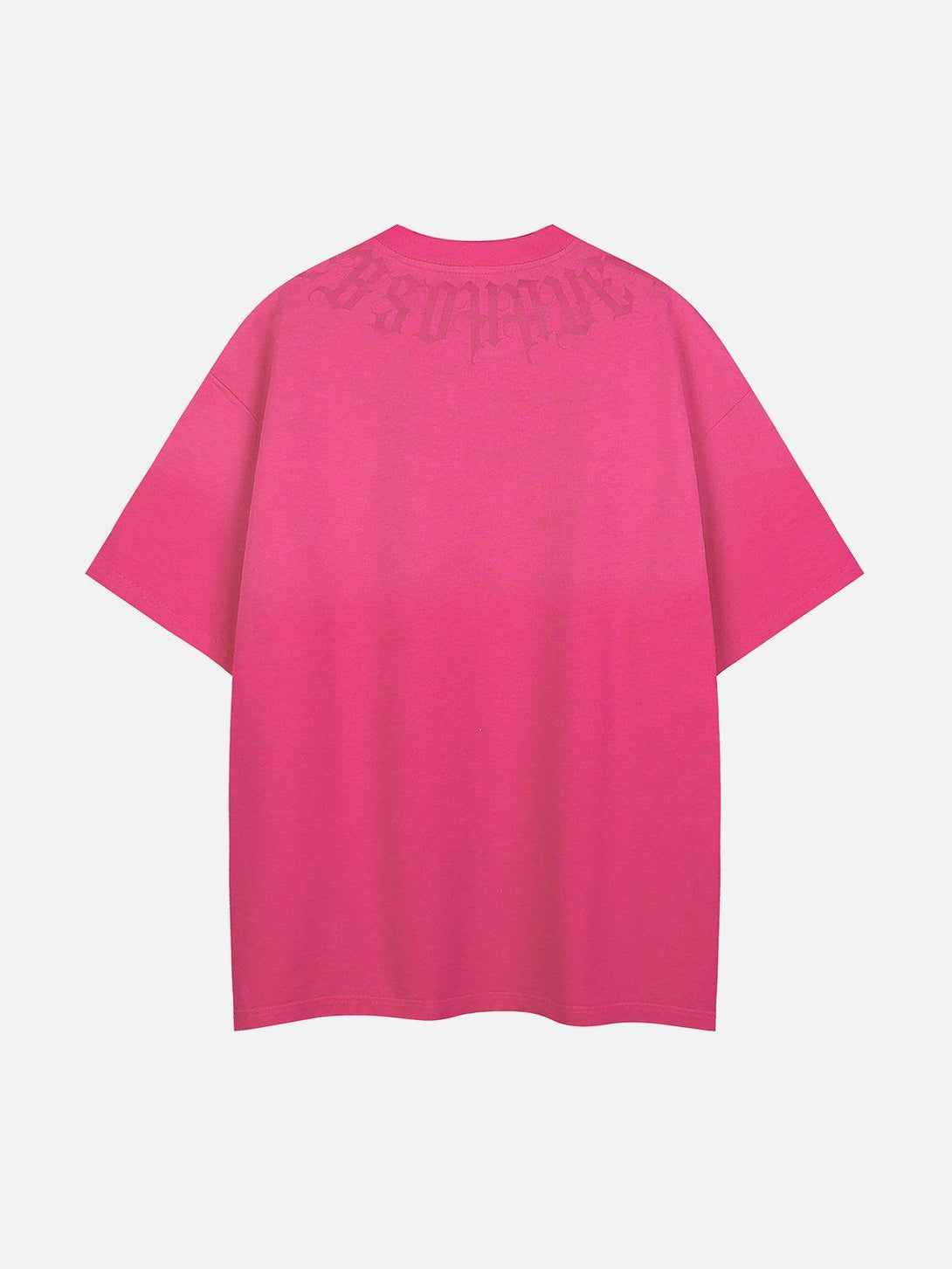 Back view of TALISHKO's pink gradient tee with subtle lettering, adding a bold touch to casual style.