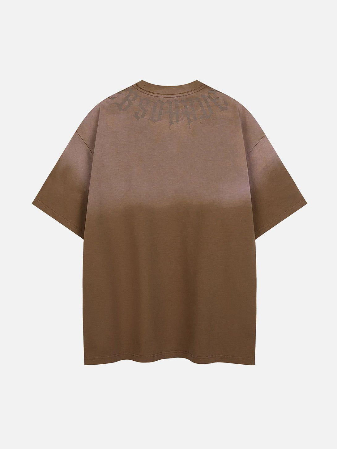 Back view of TALISHKO's brown gradient tee with bold lettering, ideal for a stylish look.