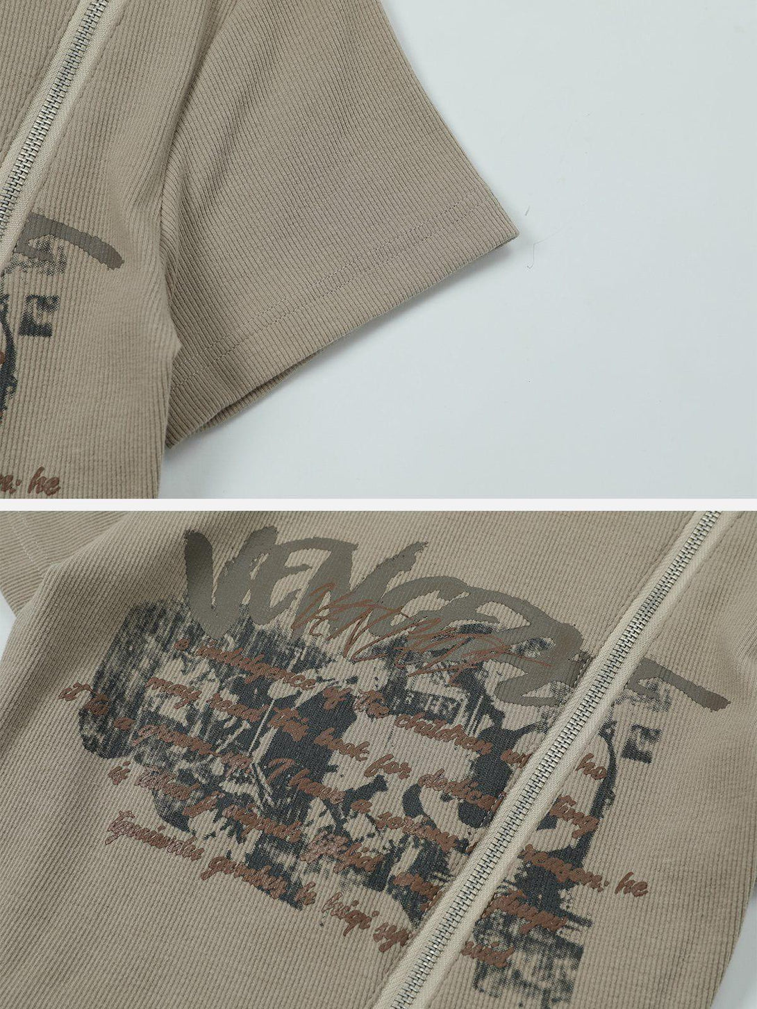 Focusing on the unique letter-print design on a zip tee by TALISHKO, highlighting casual style.