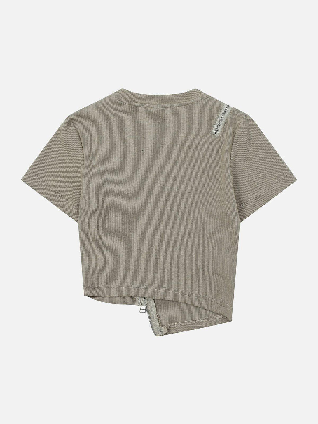 Back view of gray letter-print zip tee by TALISHKO, featuring asymmetrical zipper details.