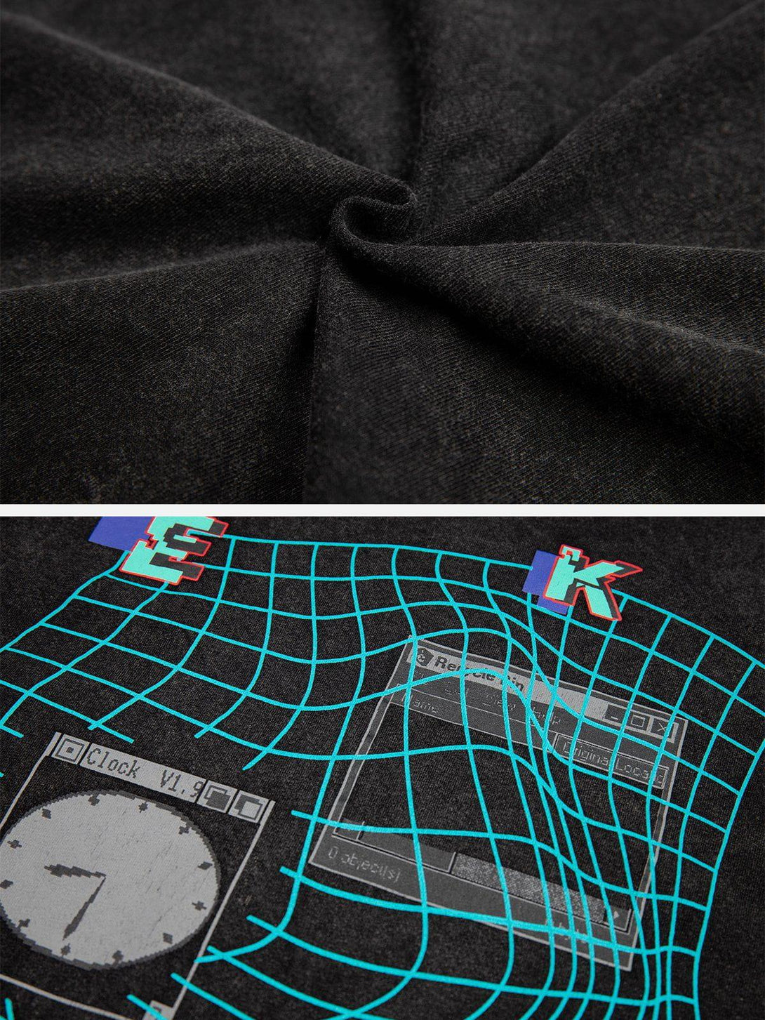 Detailed fabric and design view of a TALISHKO tee featuring a retro-inspired ripple print.