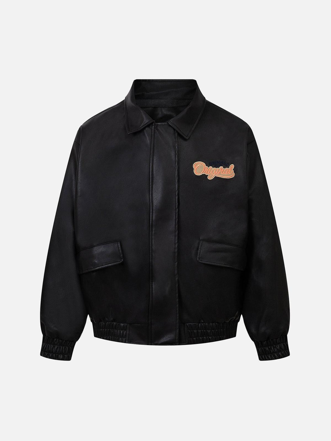 TALISHKO leather bomber jacket featuring embroidered lettering on the front for a stylish touch.