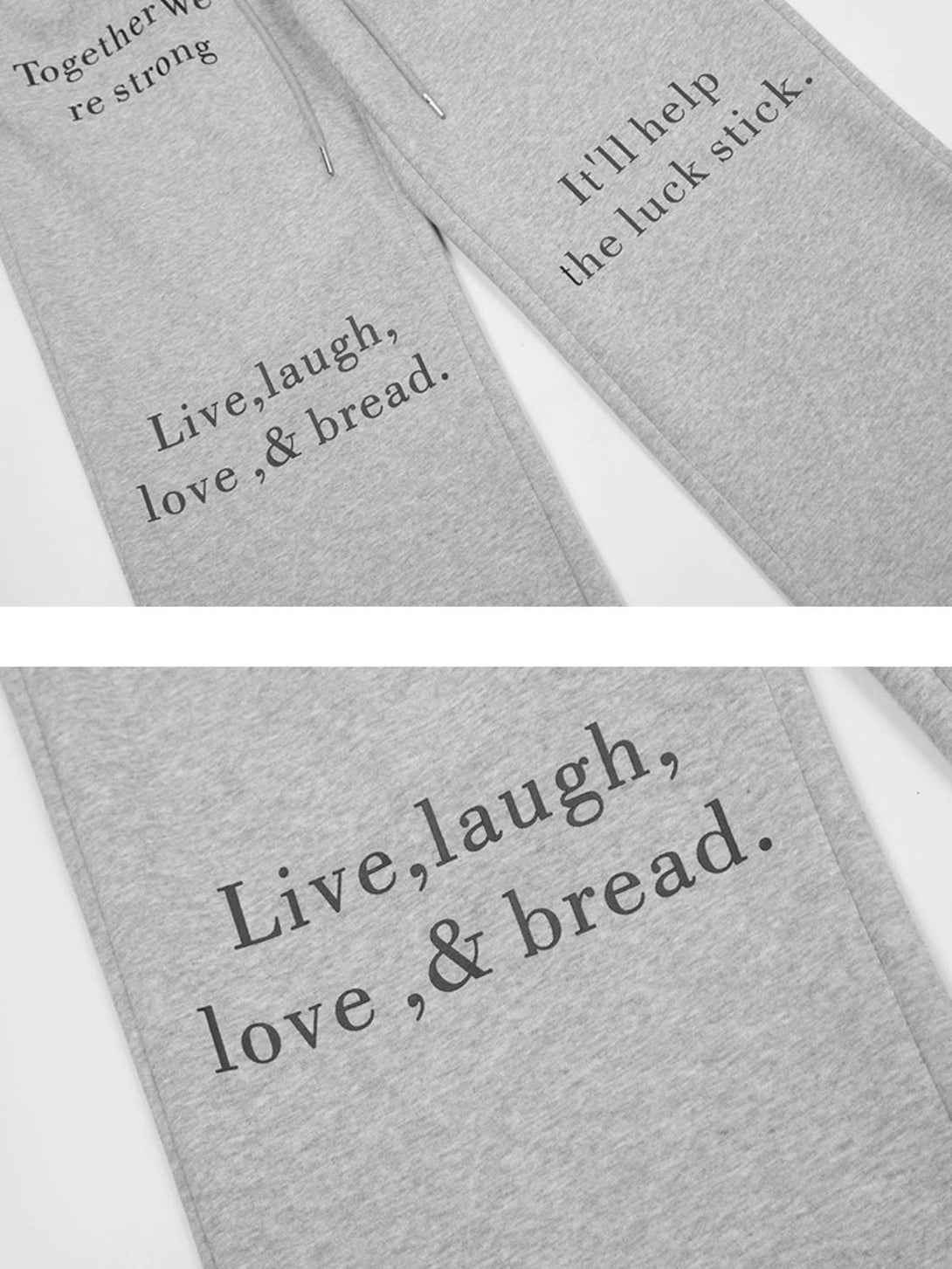 Detailed view of TALISHKO gray sweatpants featuring playful lettering and casual style.