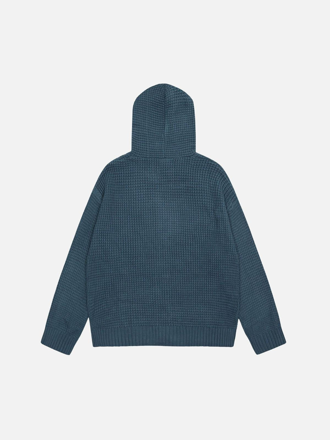 Back view of a blue hoodie by TALISHKO, featuring a textured knit pattern for cozy style.