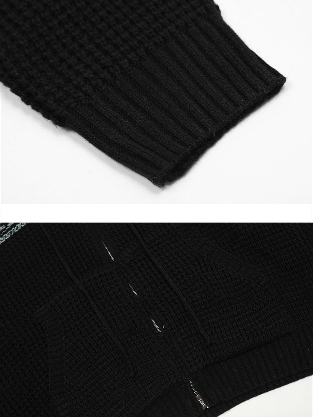 A detailed view of the black zip-up hoodie by TALISHKO, highlighting its textured knit and cuffs.