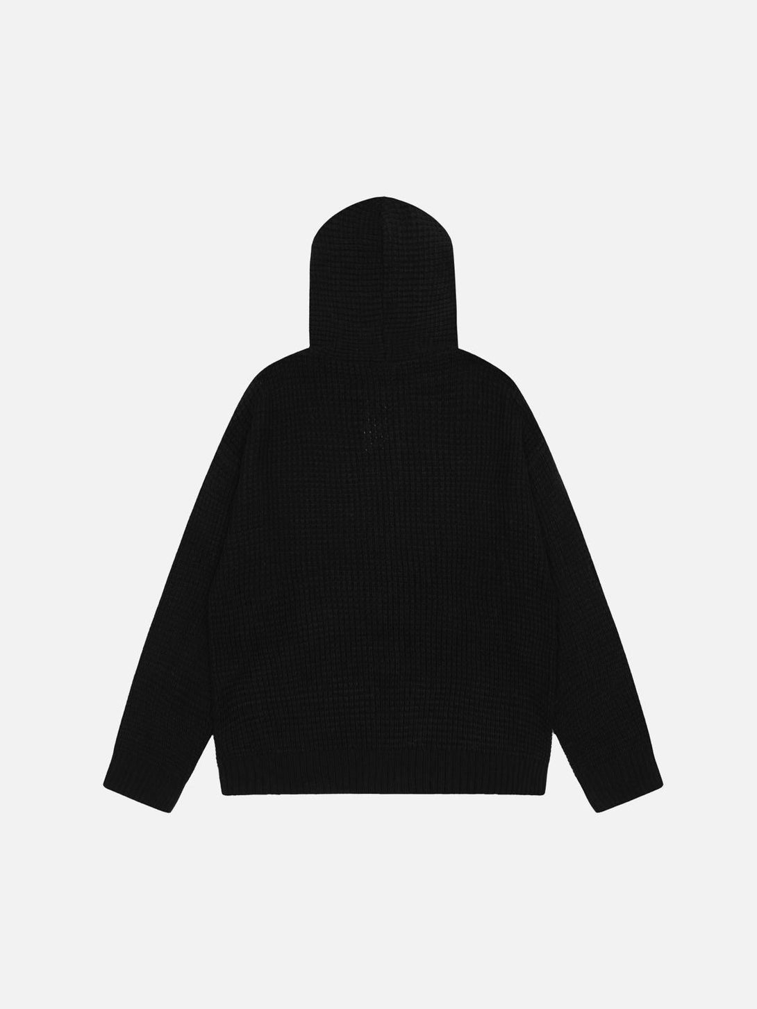 Back view of a black zip-up hoodie by TALISHKO, showcasing a minimalist design.