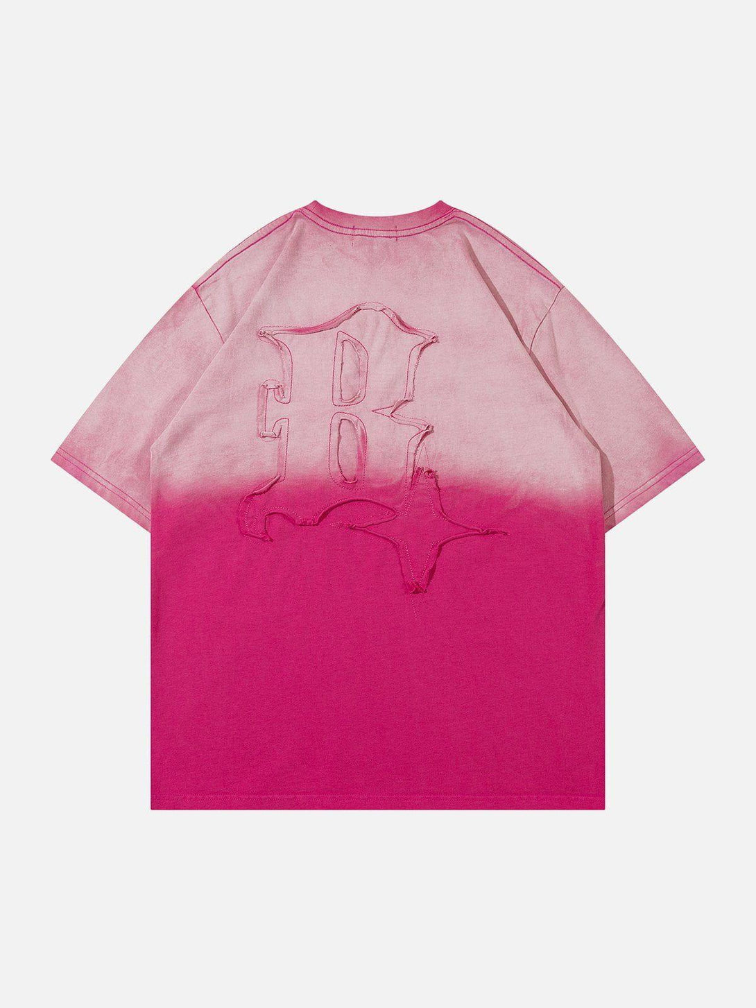 Back view of TALISHKO vintage tee with bold letter graphics in a vibrant pink gradient.