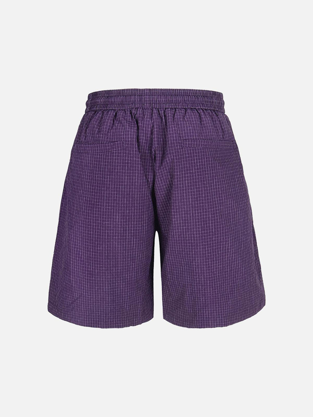Rear view of purple TALISHKO light quick-dry cargo shorts with a checkered pattern.