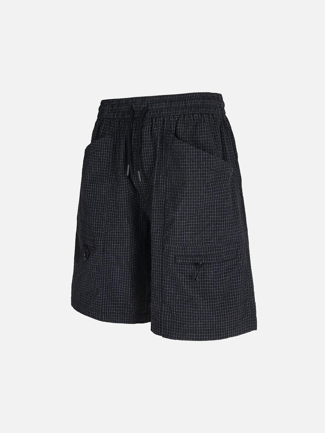 TALISHKO quick-dry cargo shorts in dark checkered pattern, featuring multiple pockets.