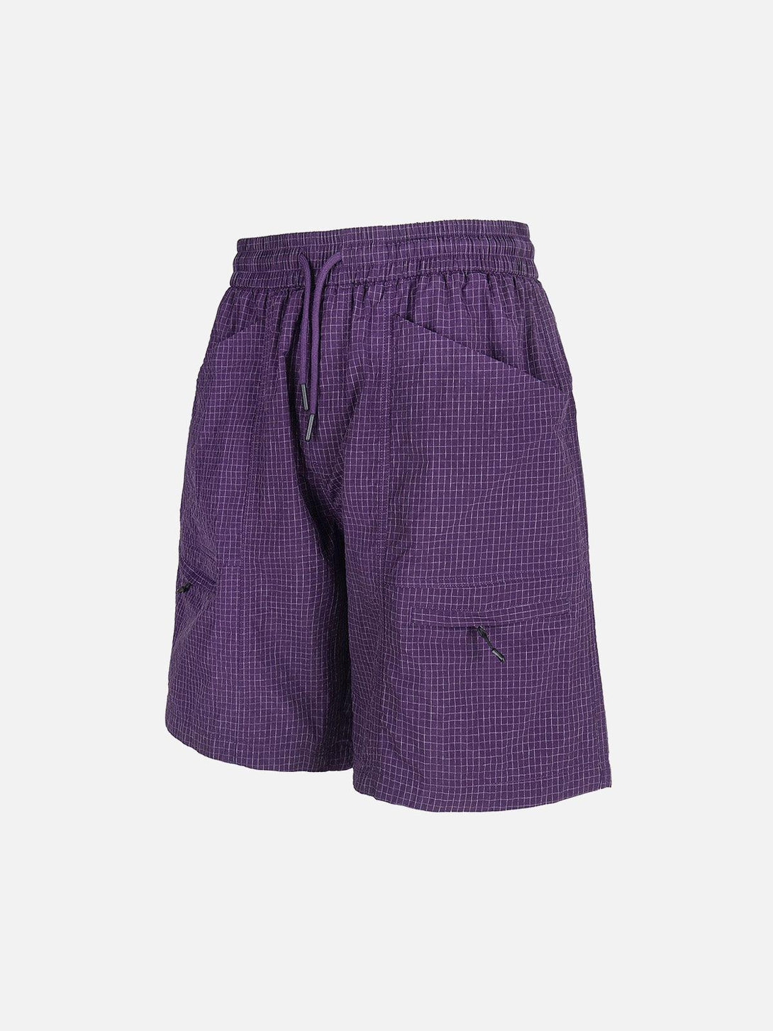 Side view of purple TALISHKO quick-dry cargo shorts with a subtle checkered texture.