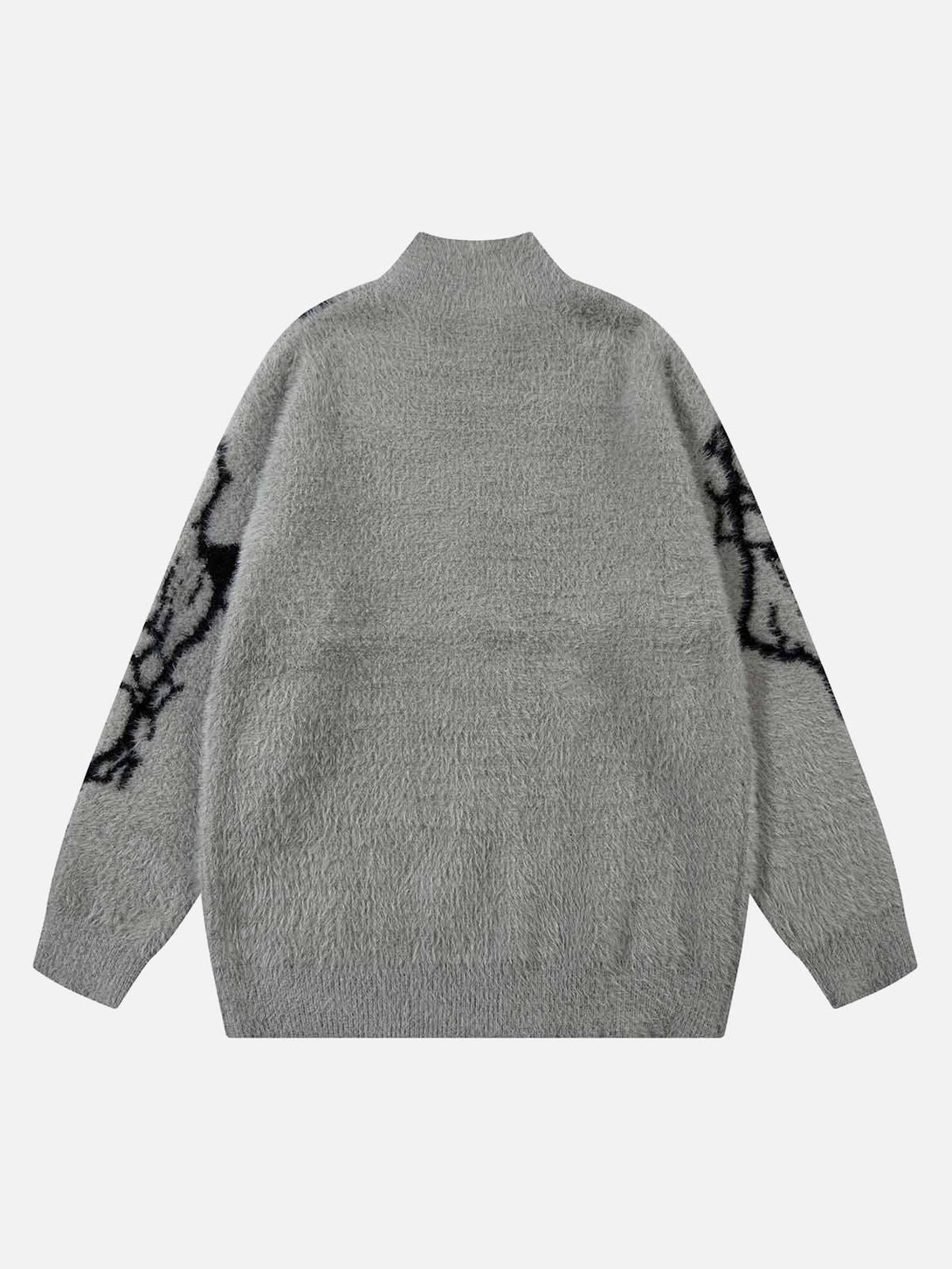The TALISHKO sweater's back view reveals its cozy gray texture with subtle lightning details.