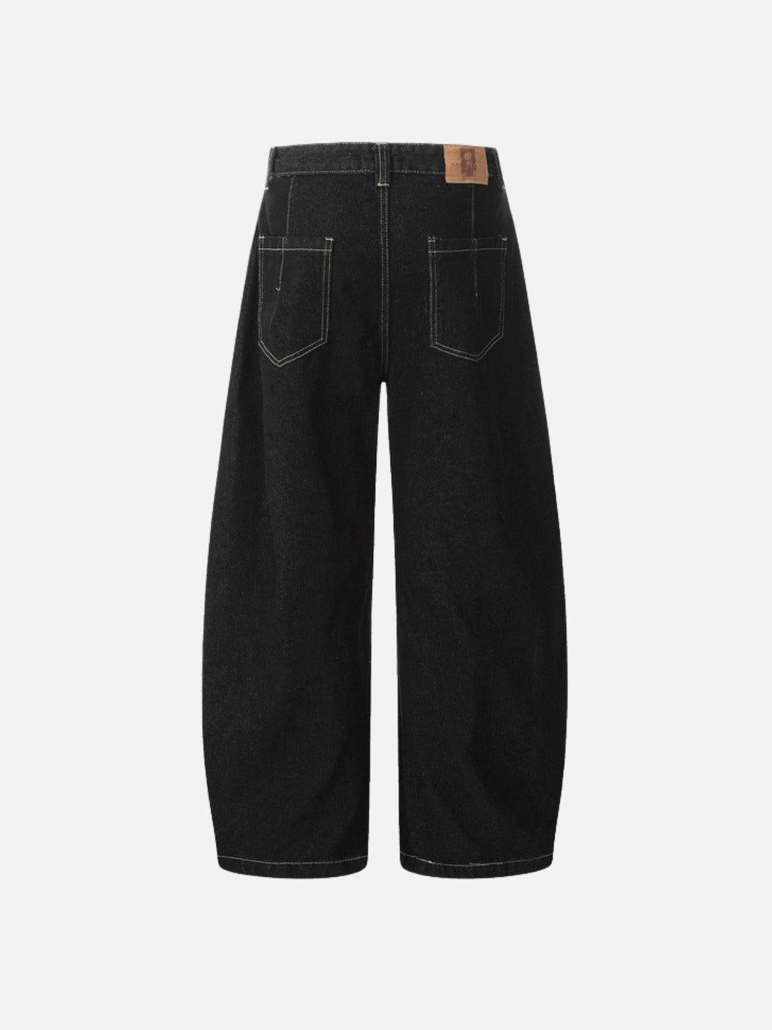 Back view of black barrel loose jeans with line embroidery by TALISHKO, highlighting casual comfort.