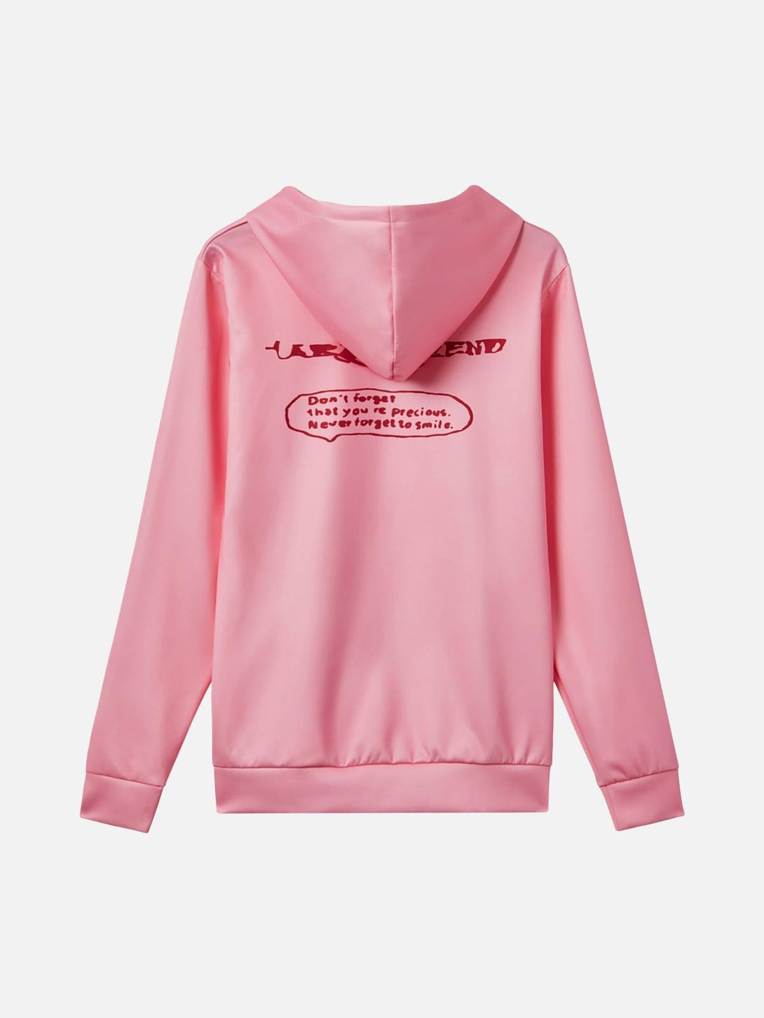 Back view of pink TALISHKO hoodie with red text design, perfect for a casual chic look.