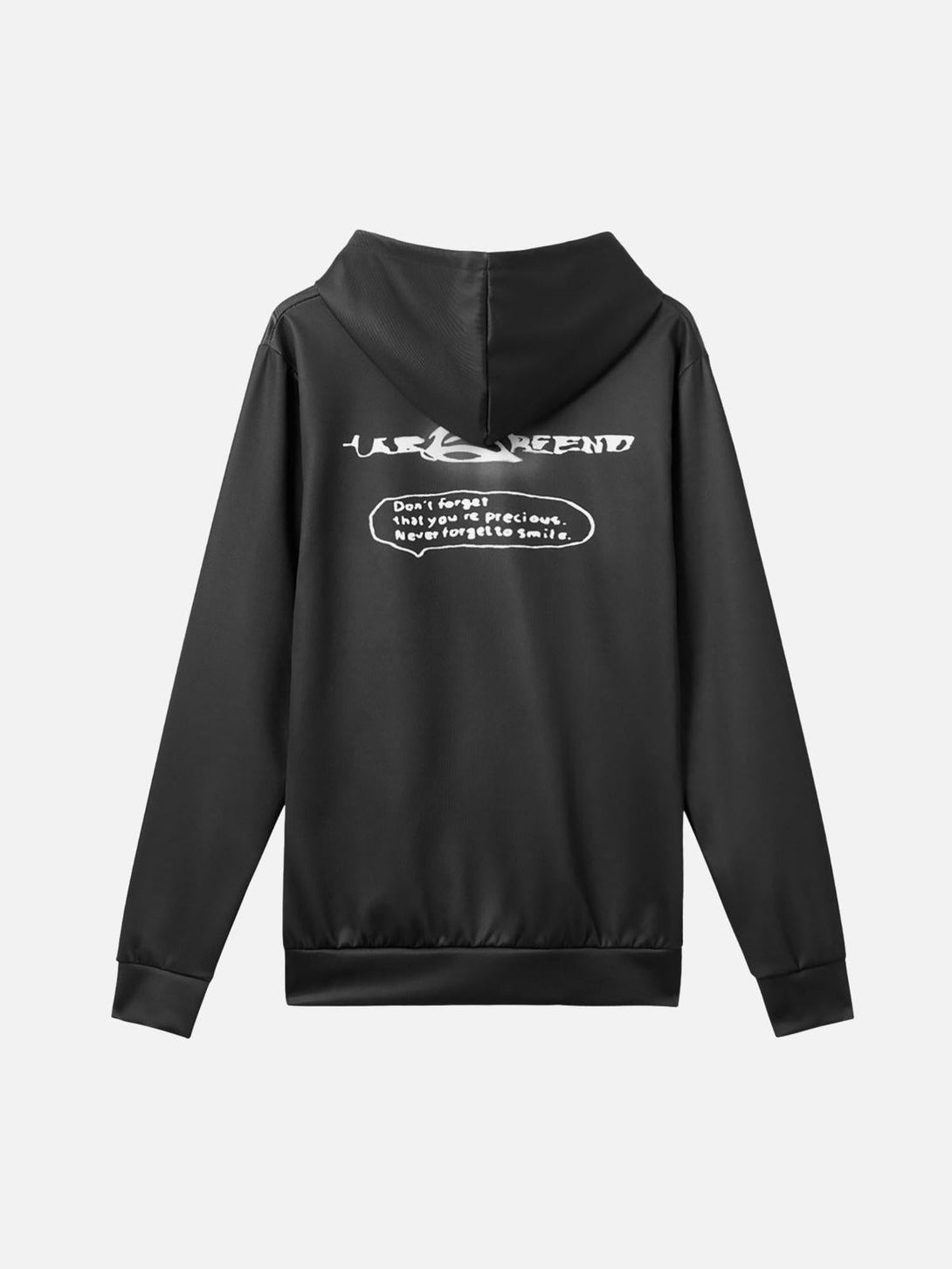 Back view of black TALISHKO hoodie with unique text design, adding a stylish touch.