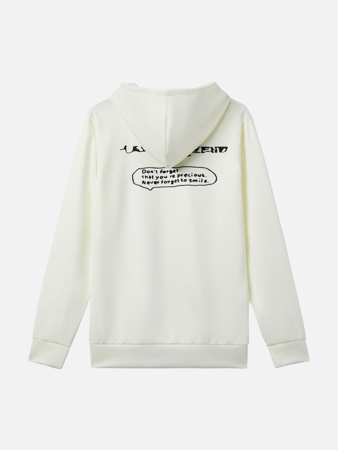 Back view of TALISHKO white hoodie with unique text design, adding a playful touch.
