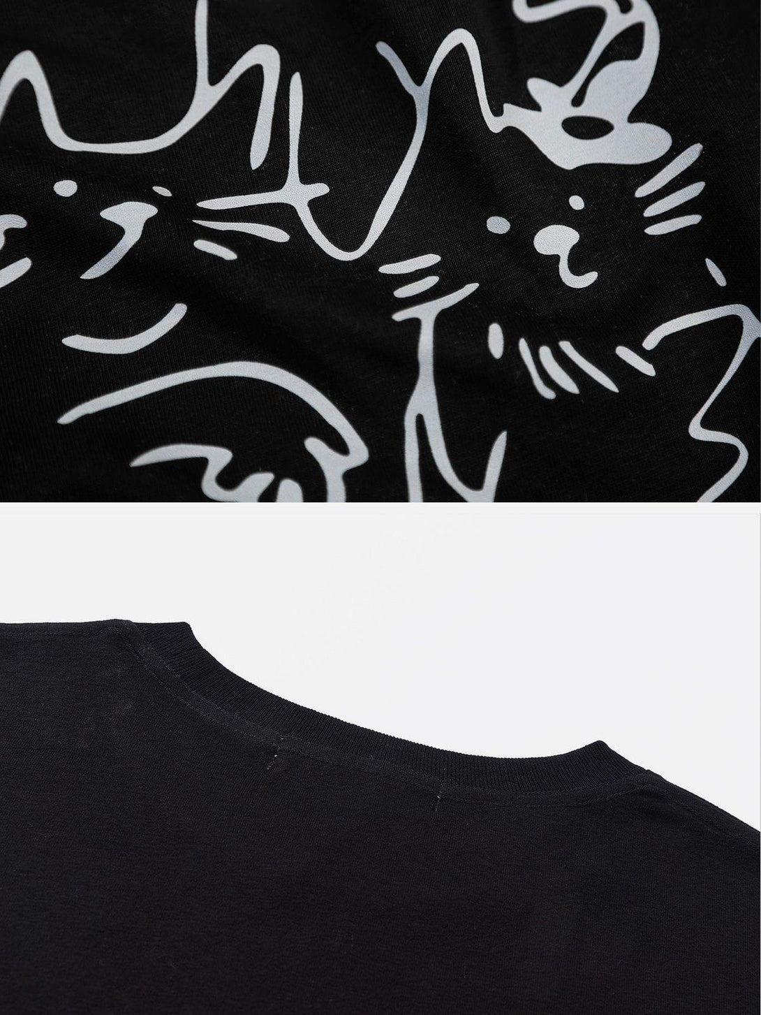 Detailed look at the whimsical cat design on TALISHKO's black line print tee.