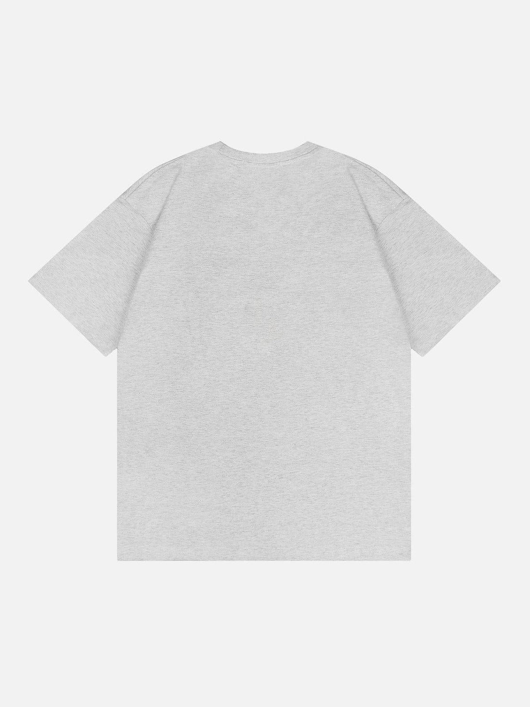 Back view of TALISHKO gray line print tee, highlighting its simple and relaxed design.