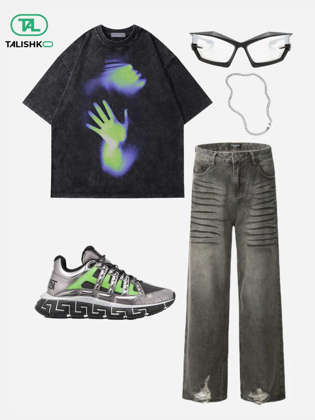 Edgy streetwear ensemble featuring a TALISHKO graphic tee and washed loose jeans with sneakers.