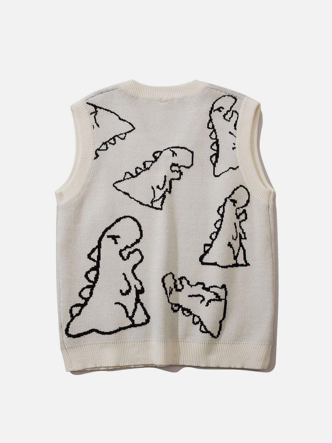 Back view of a playful dinosaur graphic sweater vest by TALISHKO, showcasing a fun design.