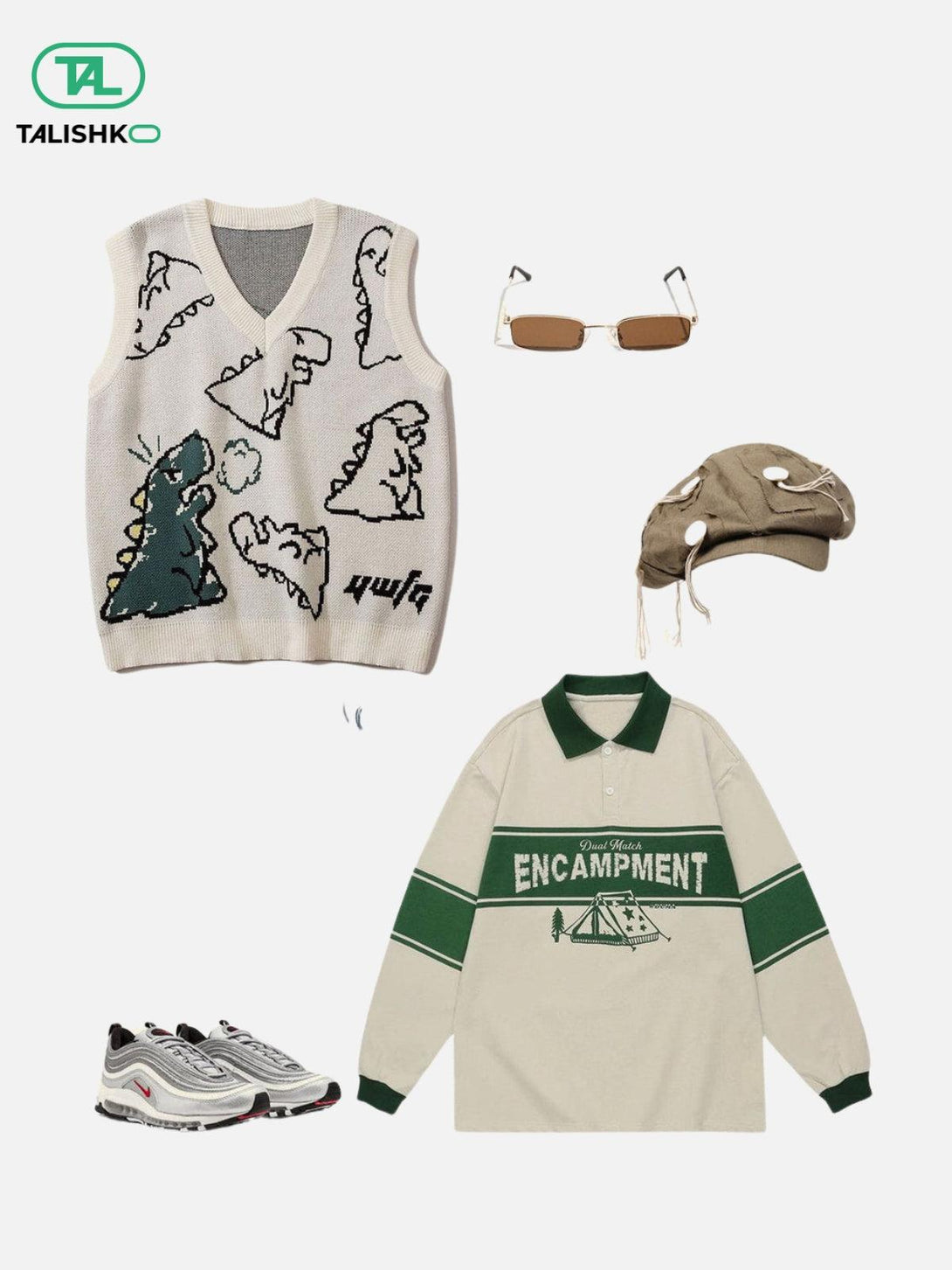 Fun dinosaur-themed sweater vest with trendy accessories and shoes by TALISHKO, perfect for casual styling.