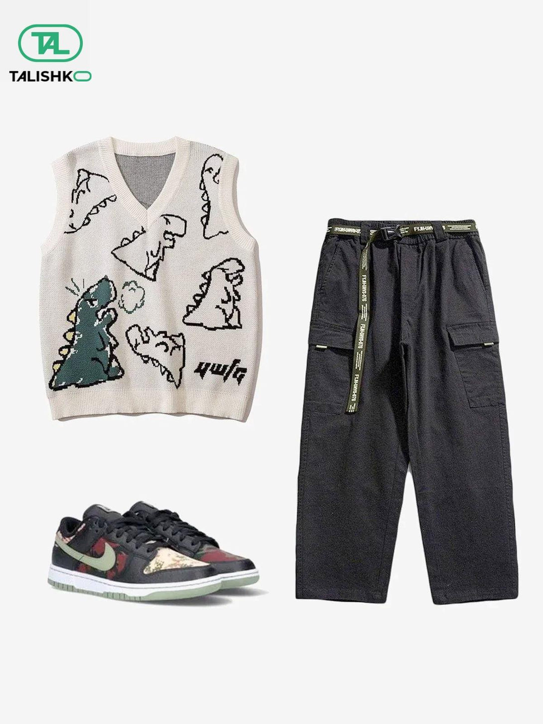 Playful dinosaur graphic sweater vest paired with black pants and sneakers by TALISHKO.