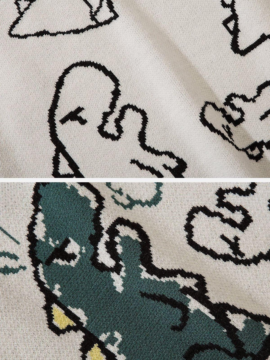 A close-up of the playful dinosaur graphics on a sweater vest by TALISHKO, highlighting texture.