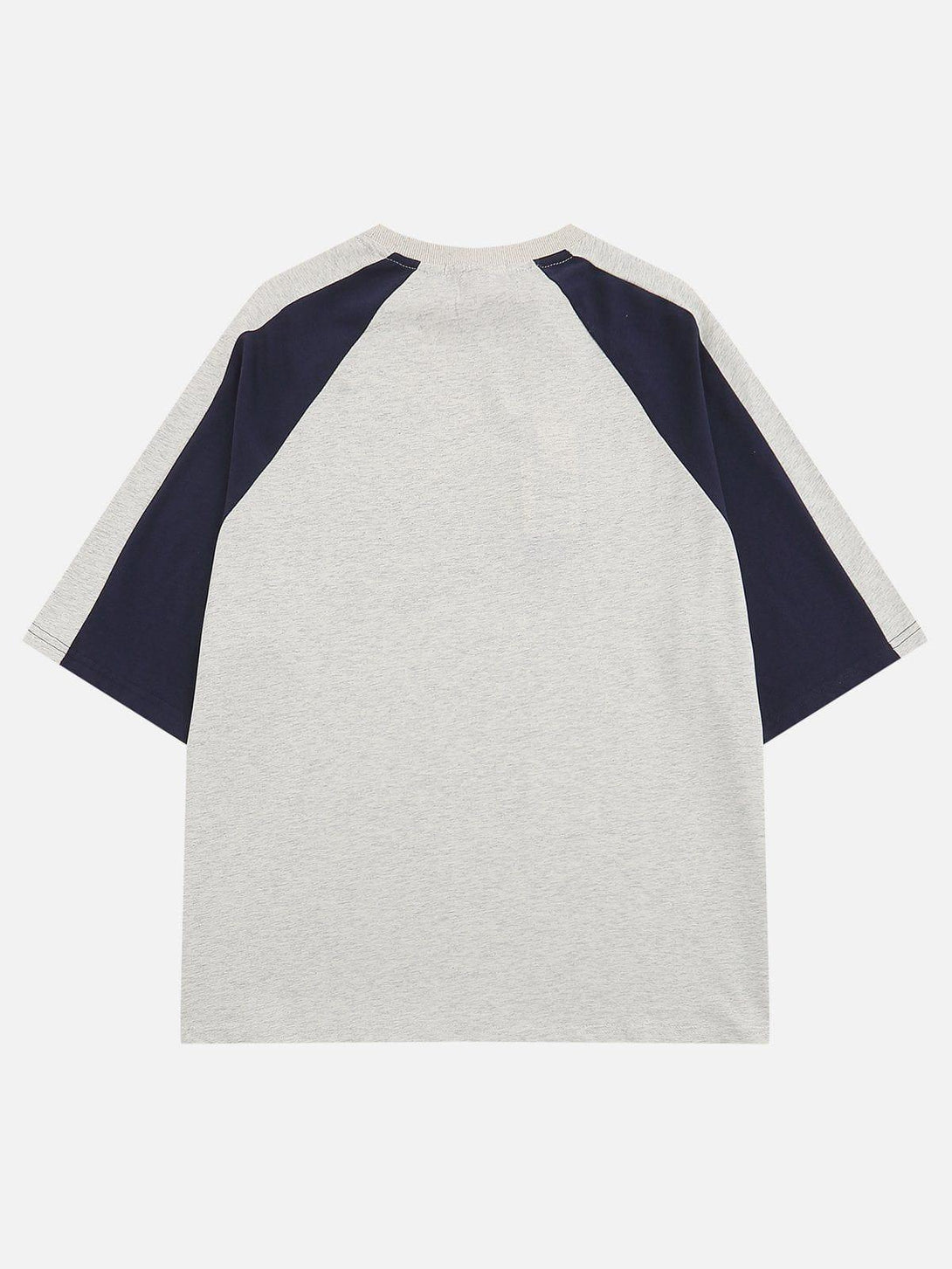 Back view of a TALISHKO tee showcasing gray and navy color blocking for a relaxed summer vibe.