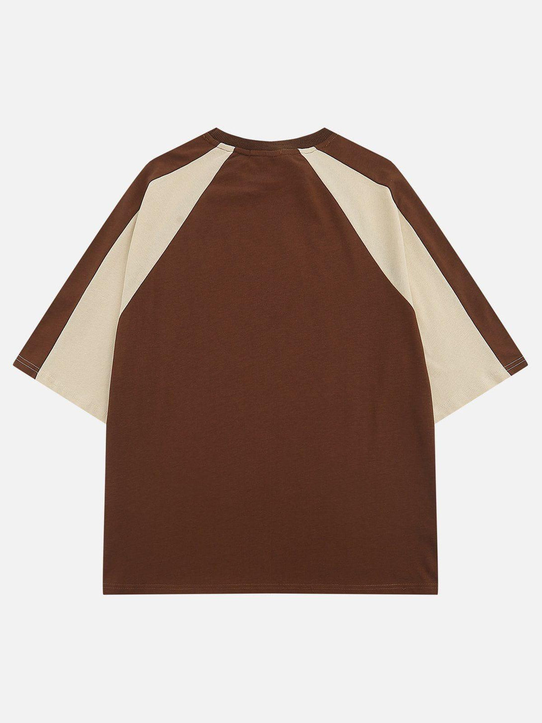 Back view of a TALISHKO tee featuring a striking brown and beige color block design.