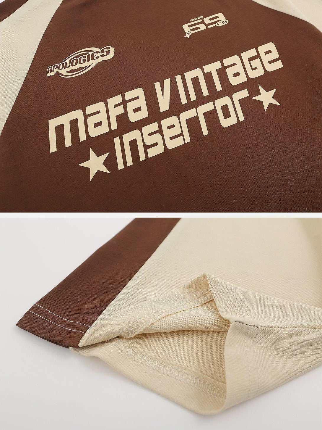 A close-up of TALISHKO's vintage-style tee highlighting bold graphics and contrasting stitching.