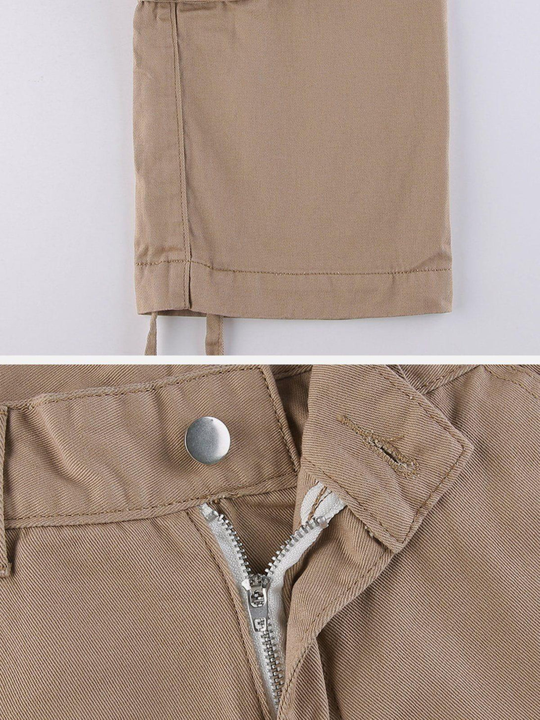 A close-up of TALISHKO khaki cargo pants, highlighting zipper and stitching details.